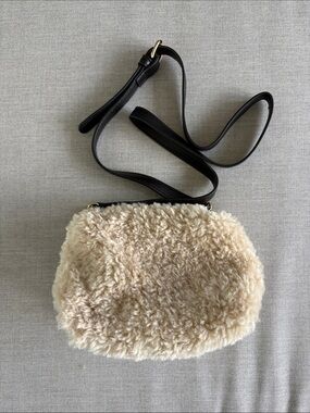Anthropologie Cream Faux Shearling Crossbody with Black Strap